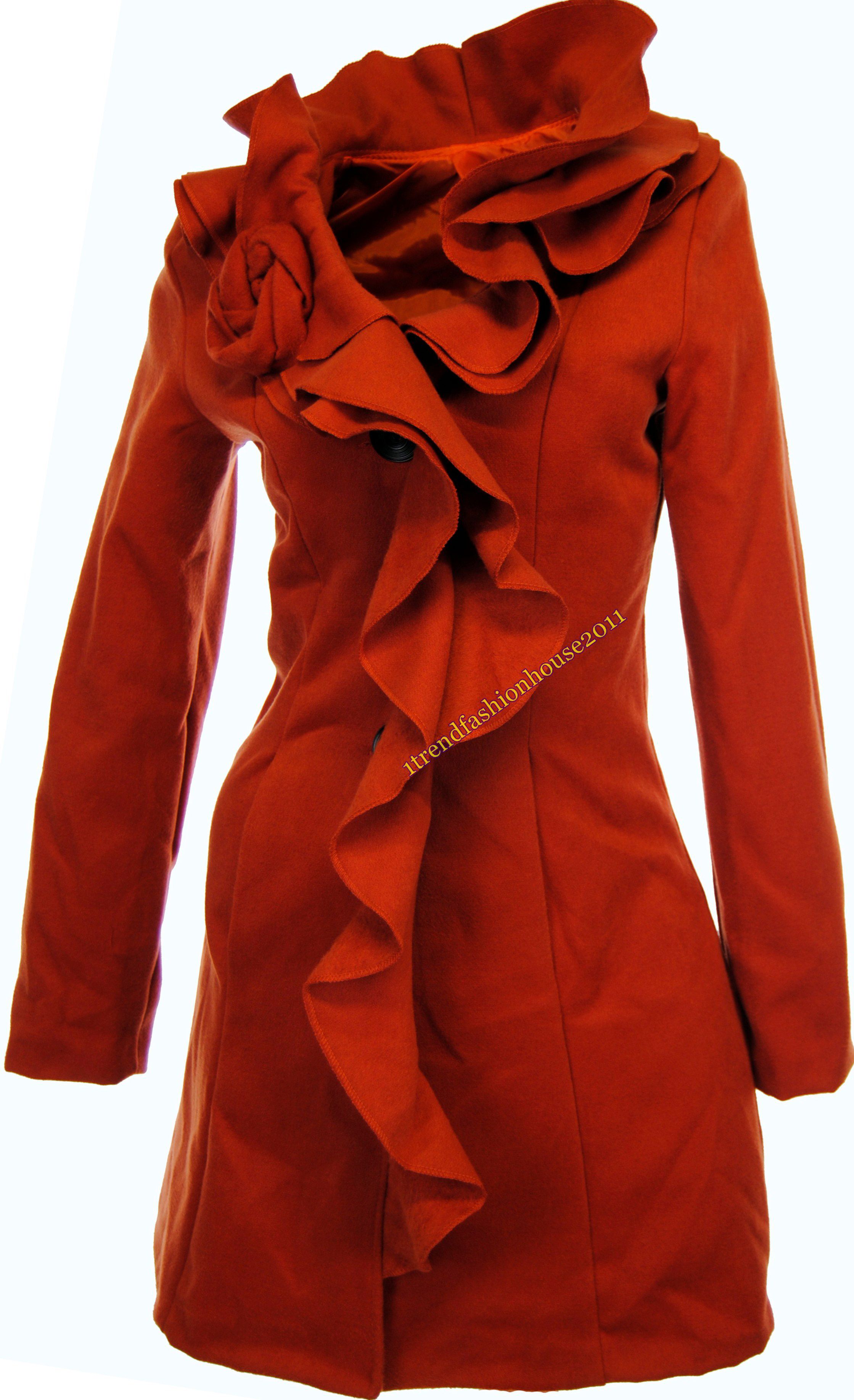 DAMEN WINTER WOLLMANTEL MANTEL LONG JACKE VOLANT KRAGEN # Gr 40 # Rot