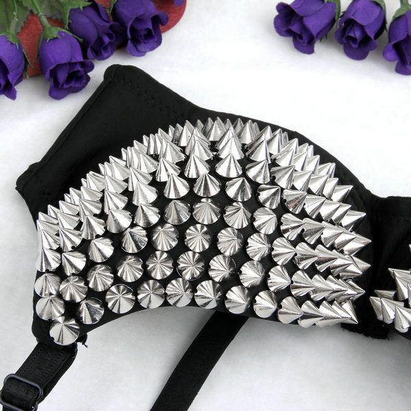 Sexy Punk Gothic Spike Nieten Büstenhalter Push Up BH 36B Club Silber