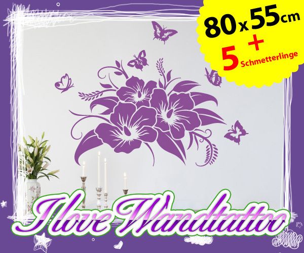 Wandtattoo Hibiskus Blüte Blume Ranke Schmetterling,342