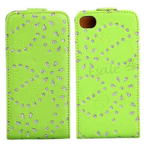 Huelle Tasche Schutzhuelle f iphone 4 4S Gruen Edle Leder Strass Bling