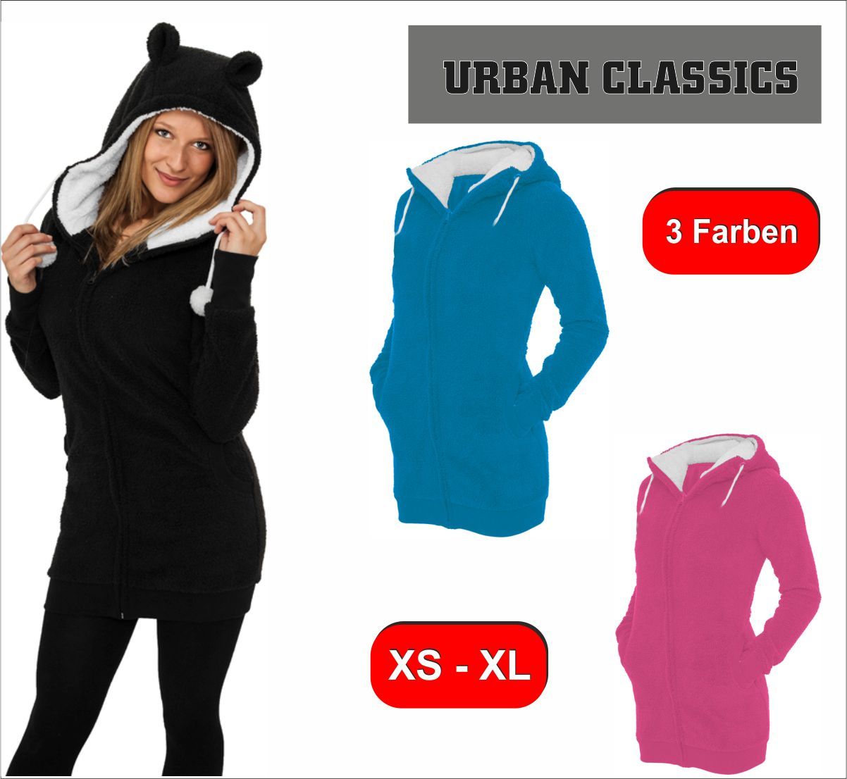 Urban Classics Ladies Long Teddy Zip Hoody Damen Hoody Lange