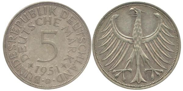 BRD 5 DM J387 Kursmünze Silber 1951 D circ.