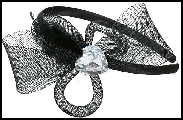 Fascinator Haarreifen Federn Tüll Schwarz Strass Herz