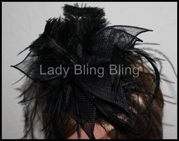 Fascinator Haarschmuck Feder Federn XL Sinamay Schwarz