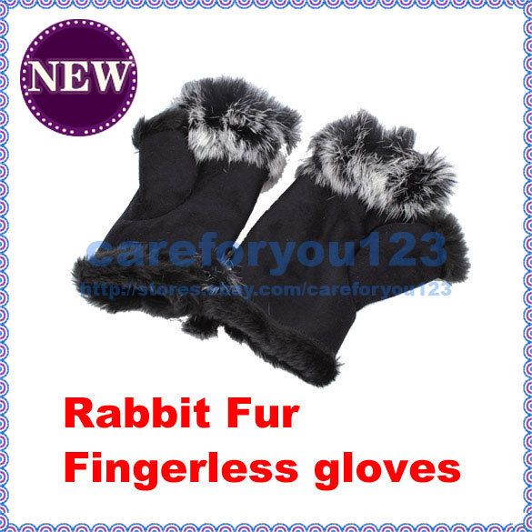 Bl Rabbit Fur Hand Wrist Warmer Fingerless Gloves New