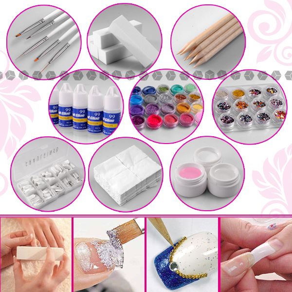 70teilig Nail art Nagelstudioset UV Gel Glitter Acryl Pulver Pinsel