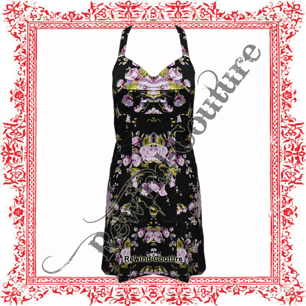 BLACK FLORAL VINTAGE COCKTAIL MINI DRESS UK 8   16