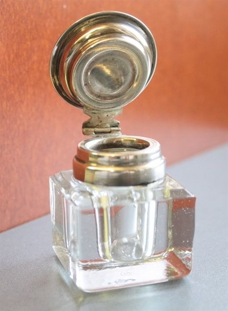 Kristall V Jugendstil Tintenfaß Inkwell Metalldeckel