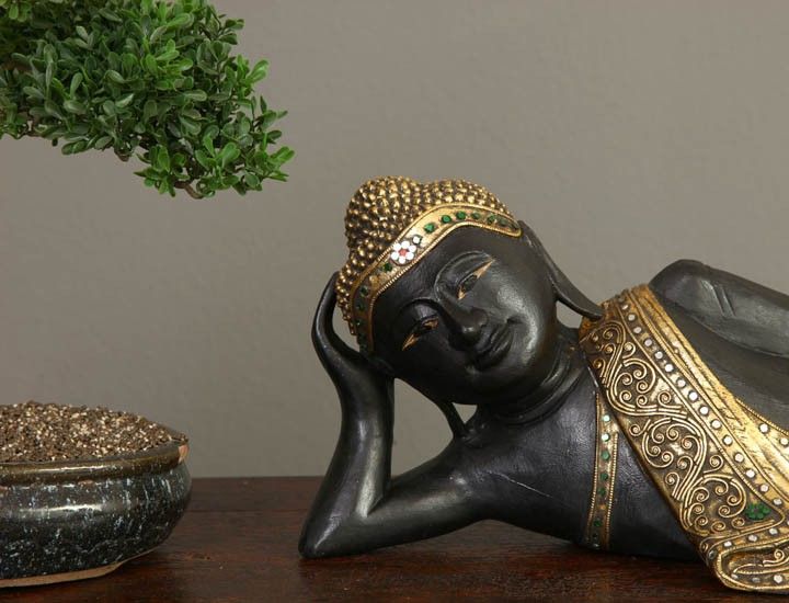 HOLZ BUDDHA SKULPTUR LIEGEND 76cm SCHWARZ 24 KARAT BLATTGOLD