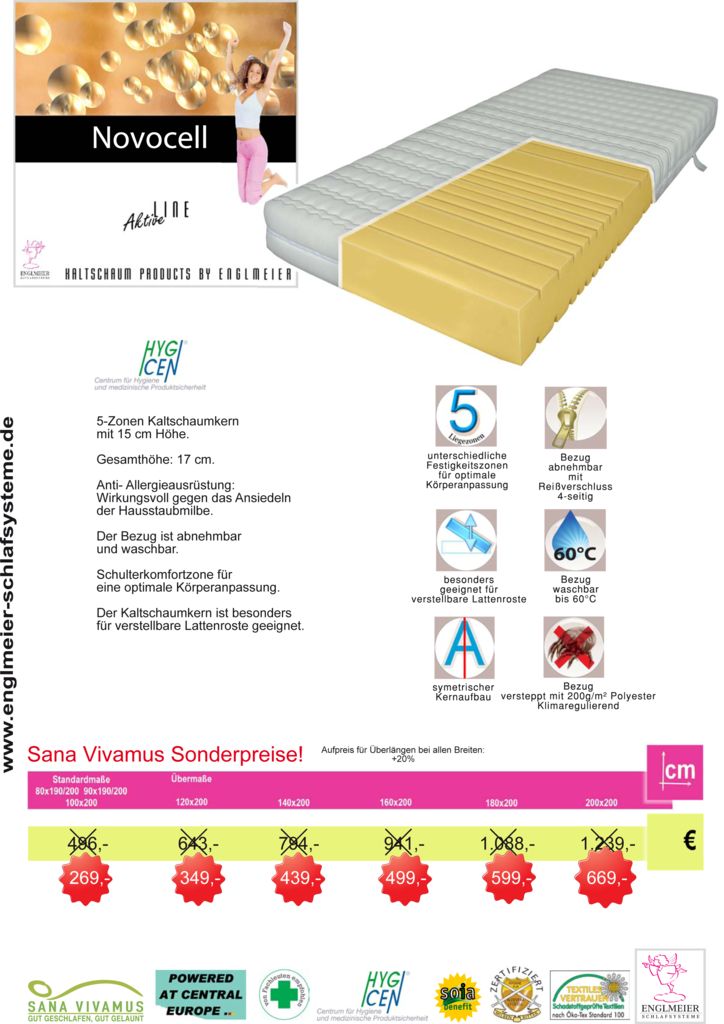 Kaltschaum Matratze Novocell 5 Zonen 90x200