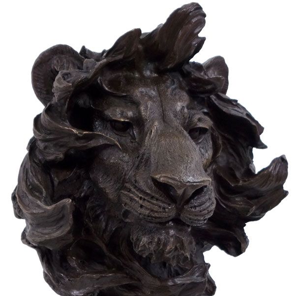 BRONZE LÖWEN FIGUR KOPF BÜSTE LION auf MARMOR SOCKEL SKULPTUR LÖWE