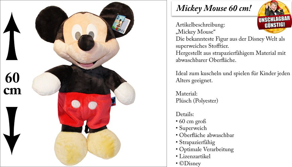 Mickey o. Minnie Mouse Plüsch 60 cm Plüschtier Stofftier Kuscheltier