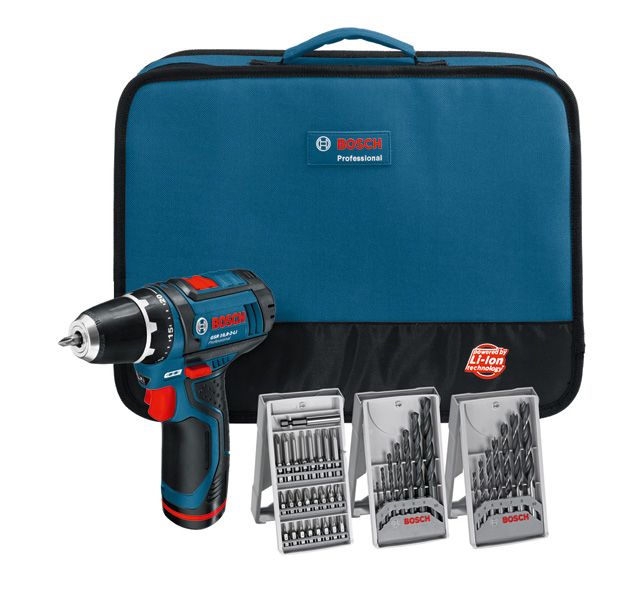 BOSCH Akku Bohrschrauber GSR 10 8 2 LI in Werkzeugtasche mit 2 x 1 3