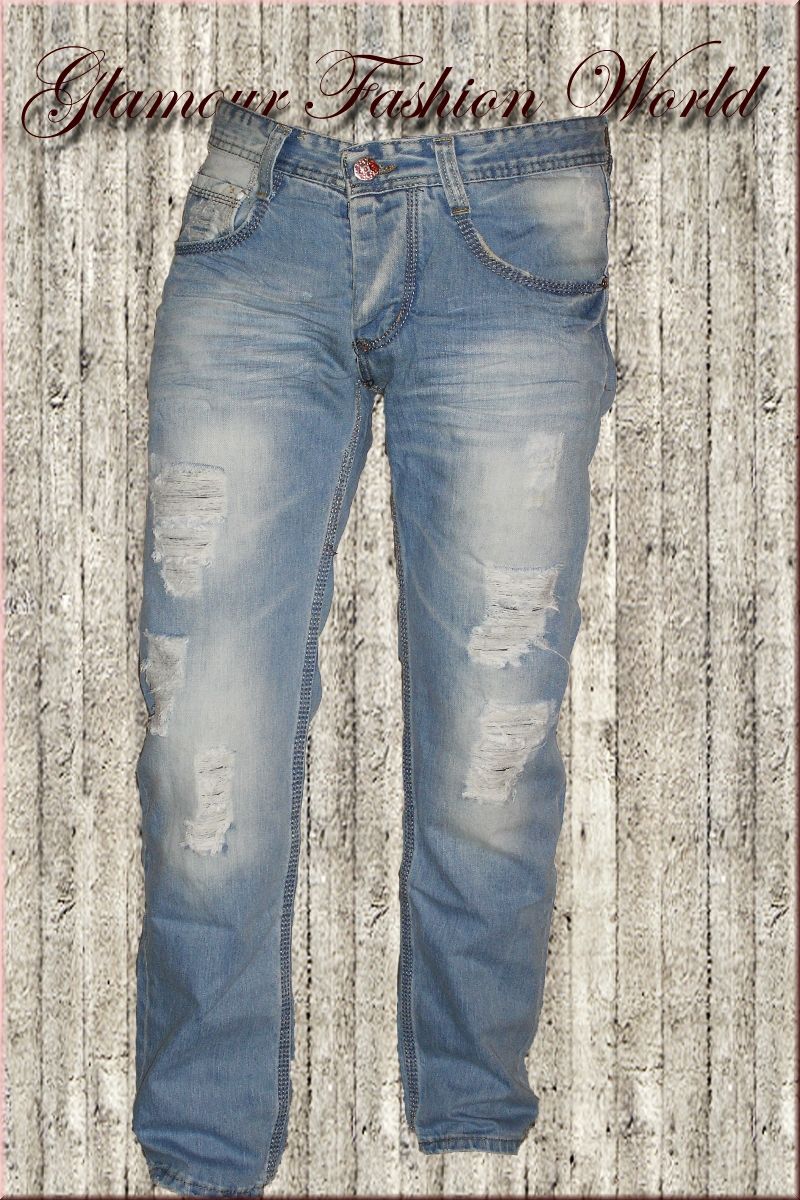 Sexy Coole Blue Wash Bleached Männer Jeans in Destroyed Optik