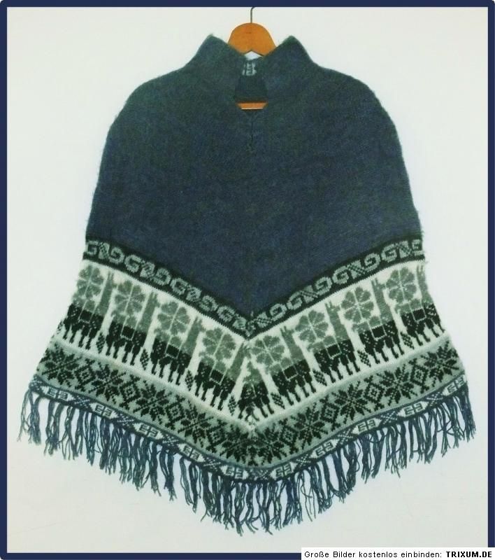 Damen Alpaka PONCHO blau   grau, Peru Lama Muster, Inka Alpaca Wolle