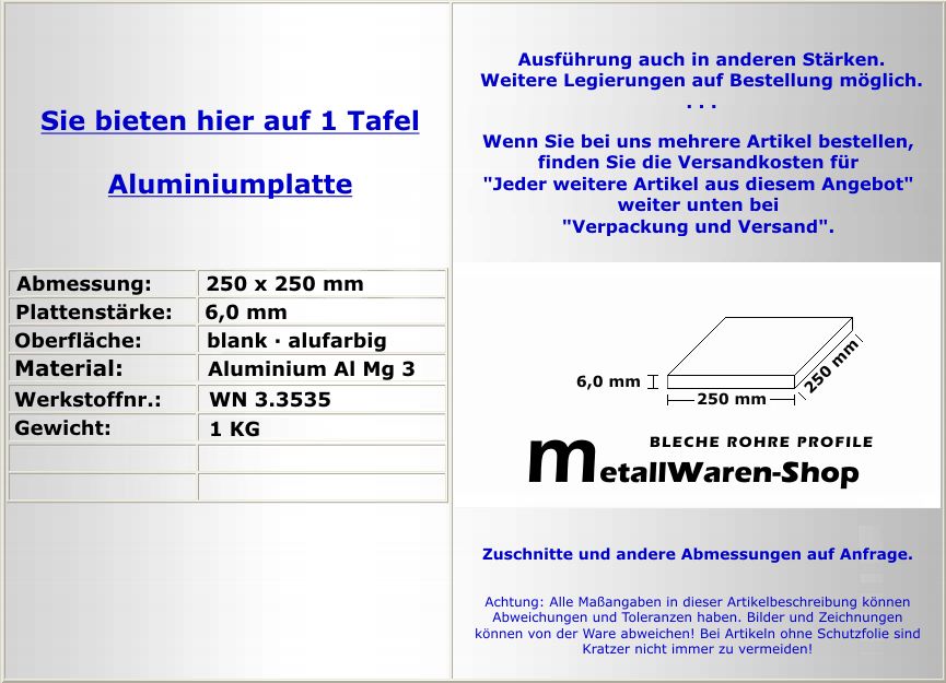 Aluminium Platte 250 x 250 x 6,0 mm Alublech Alu / 719