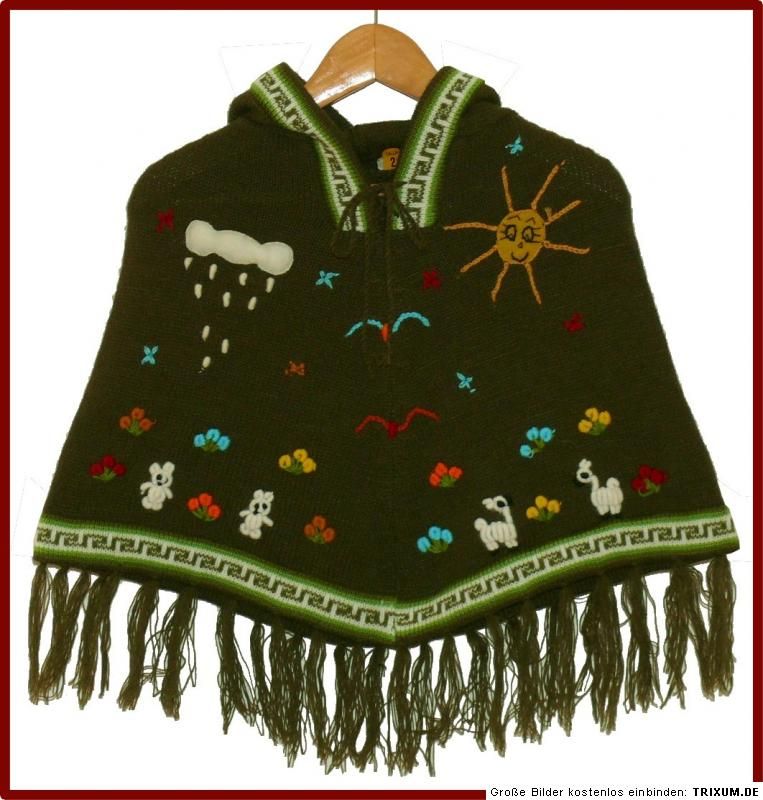 Kinder PONCHO TIERE dunkelgrün,oliv grün, Gr.80*86, Indianer Inka