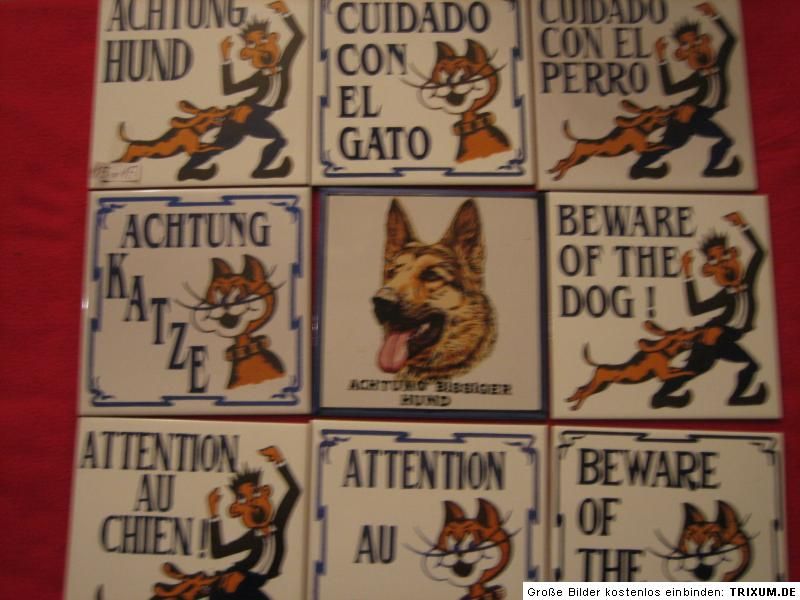 Achtung Katze Hund Gato PERRO Cat Dog Chat Chien Keramik 15x15 made