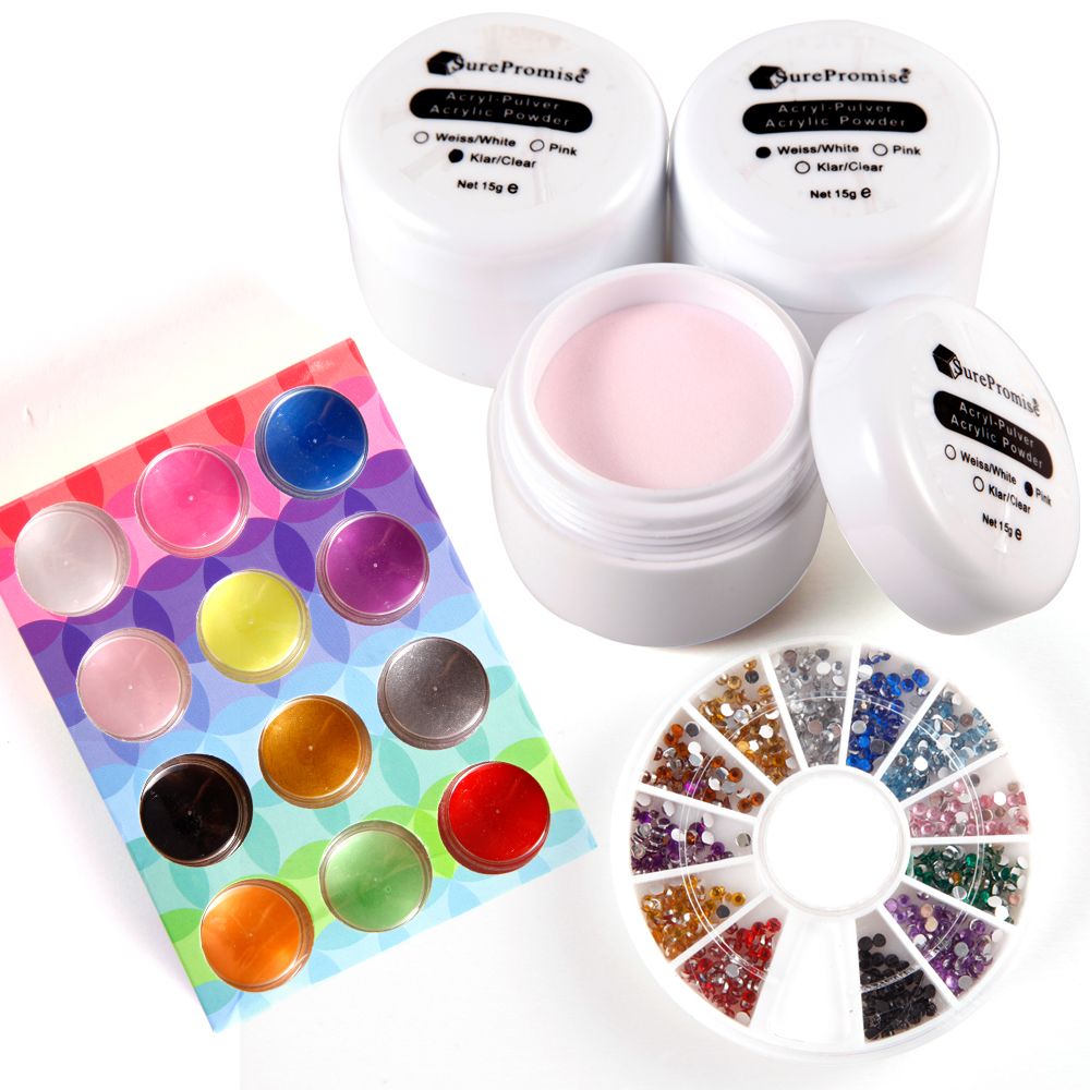 Acryl Set starterset Pulver Liquid Primer Tips Glitter Strasssteine