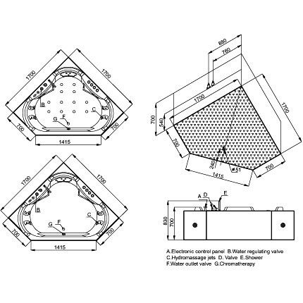 1700mm x 1700mm x 710mm (Länge x Breite x Höhe)