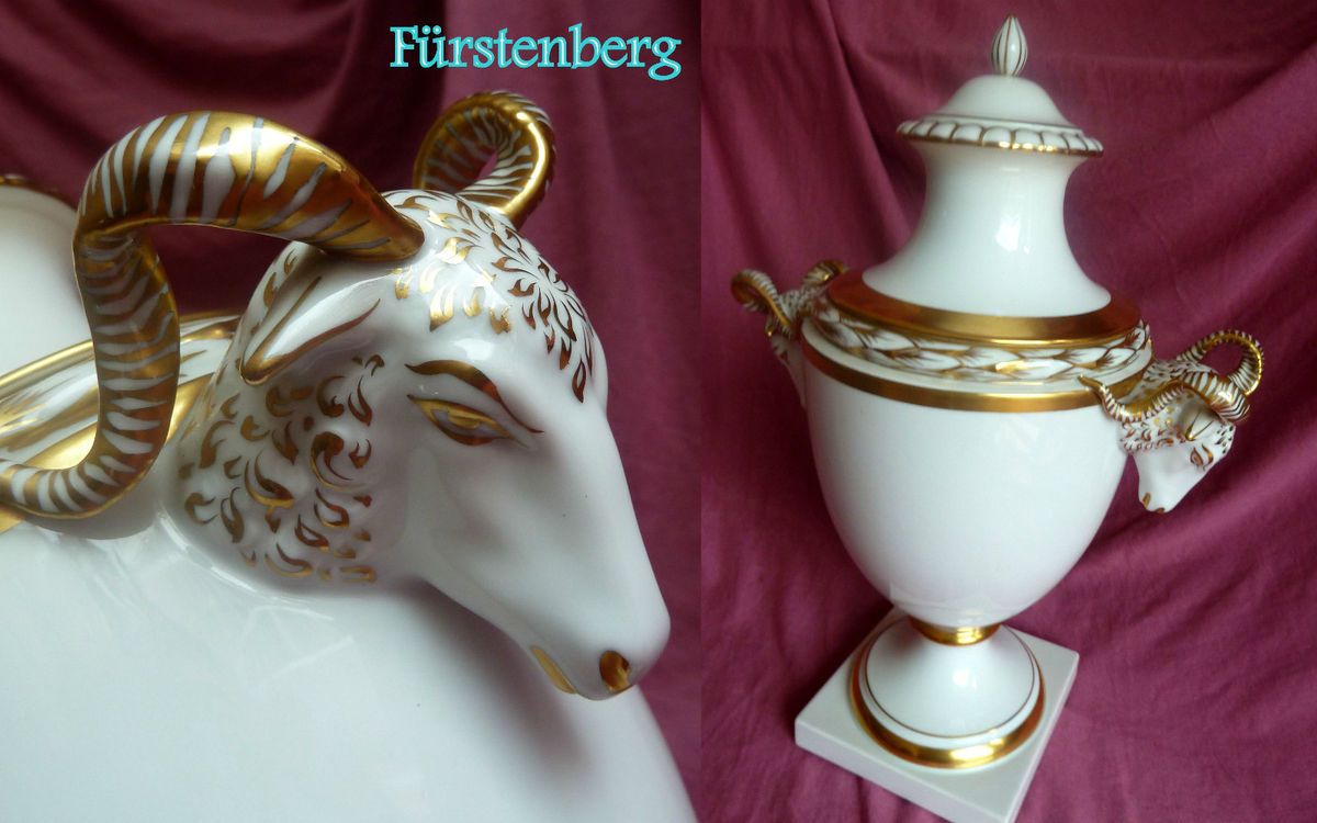 WBVP/ Fürstenberg Prunk Vase Deckelvase Widder Köpfe Golddekor 41 cm